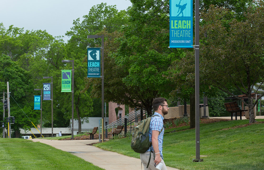 Leach Theatre banners outside of Castleman Hall