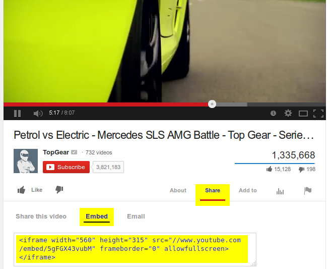 Image detailing how to find YouTube embed codes